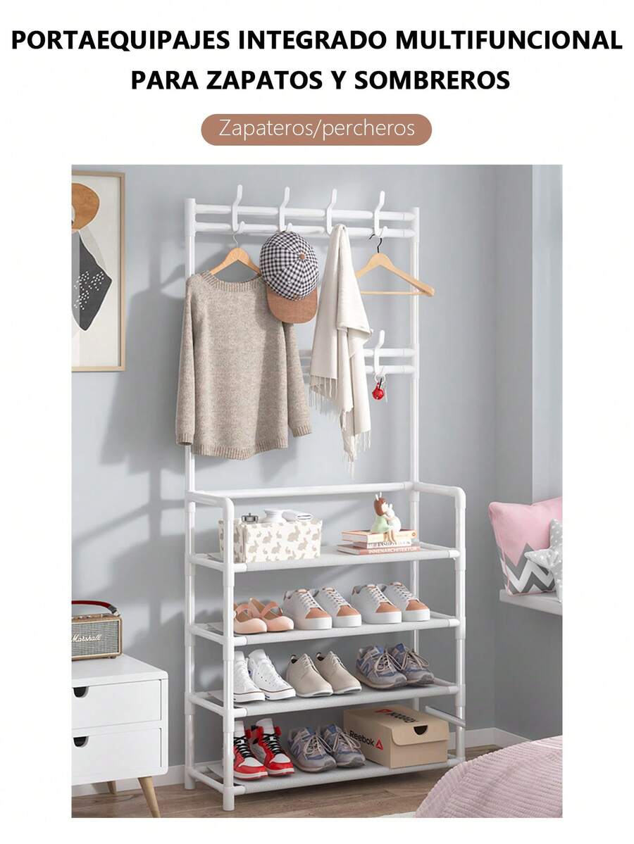 1 pc Nuevo conjunto integrado de estante de zapatos y sombreros, perchero y colgador de ropa para el piso, estante de zapatos de entrada, perchero para el hogar y colgador de ropa - Blanco - Ver 1