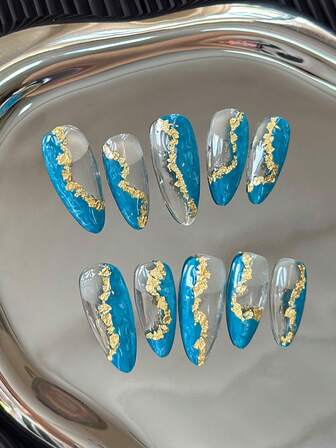 杏仁形法式手工按压式美甲，饰以多色闪粉、渐变箔片效果、手绘艺术图案和大胆撞色奢华设计——全覆盖式人造DIY魅力假指甲，适用于派对、旅行、海滩、日常佩戴、节日、活动、工作和庆典——10片/袋