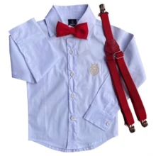 Camisa Infantil Social  Menino Kit Suspensorio E Gravata Vermelho Manga Longa