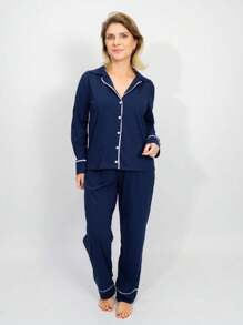 American Women's Long Cotton Pajamas With Buttons Long Sleeve Blouse With Pants Cold Winter Adult Suitable For Pregnant Women Breastfeeding And Post-Surgery - Navy Blue - 藏蓝色 - 查看 1