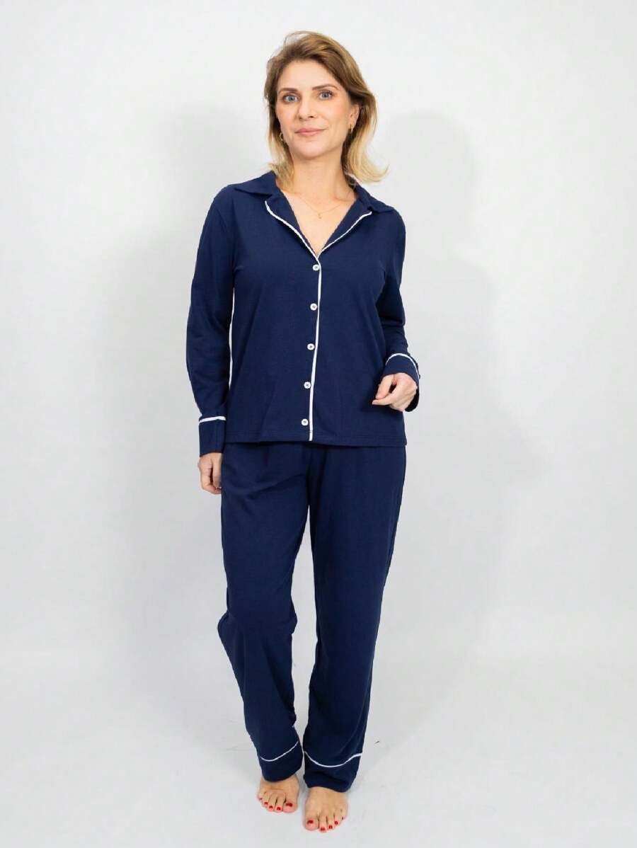 American Women's Long Cotton Pajamas With Buttons Long Sleeve Blouse With Pants Cold Winter Adult Suitable For Pregnant Women Breastfeeding And Post-Surgery - Navy Blue - 藏蓝色 - 查看 1