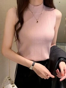 Heilar-camisetas sin mangas de punto para mujer, Tops finos informales básicos, camisetas sin mangas con cuello redondo, Tops verdes para mujer 2024 - Rosa - Ver 2