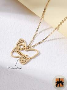Colar com moldura de borboleta elegante personalizável de 1 unidade, aço inoxidável banhado a ouro 18K, design de texto oco personalizado, moldura floral e borboleta superior e inferior, presente de feriado exclusivo para entes queridos, amigos e família - ouro