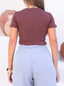 Basic Blouse Premium Ribbed Mesh T-Shirt - 鏽棕色 - 查看 4