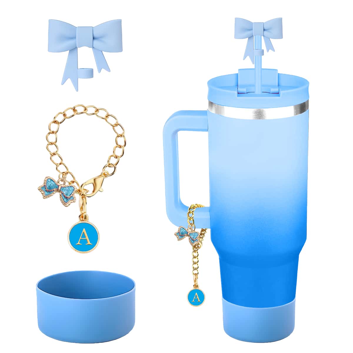 3 件套专为 30 和 40 盎司杯子配件设计，1 件可爱蝴蝶结硅胶吸管盖，1 件 A-Z 姓名 ID 字母手柄饰物，1 件闪亮杯套，个性化杯子装饰（蓝色）