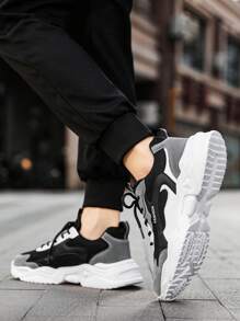 Men's Fashion Letter Print Solid Color Leather & Mesh Lace-Up Low Top Sneakers, Personality Versatile Outdoor Casual Comfortable Running Shoes