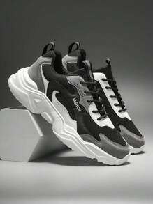 Men's Fashion Letter Print Solid Color Leather & Mesh Lace-Up Low Top Sneakers, Personality Versatile Outdoor Casual Comfortable Running Shoes