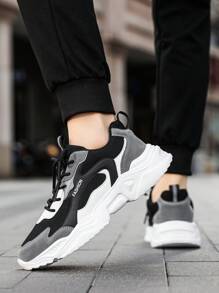 Men's Fashion Letter Print Solid Color Leather & Mesh Lace-Up Low Top Sneakers, Personality Versatile Outdoor Casual Comfortable Running Shoes