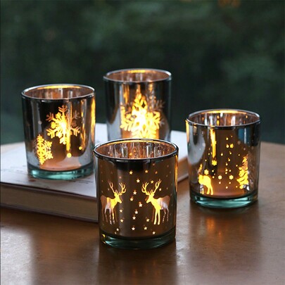 قطعة واحدة كوب شمعة مطلي كهربائيا بتصميم رنة وعلامات الثلج، حامل شمعة عيد الميلاد، قطعة زخرفية زجاجية لطاولة تناول الطعام في أعياد الميلاد والصالة