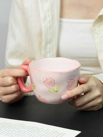 1 件陶瓷花朵图案咖啡杯，简约手绘釉面陶瓷茶杯，适合聚会和下午茶返校