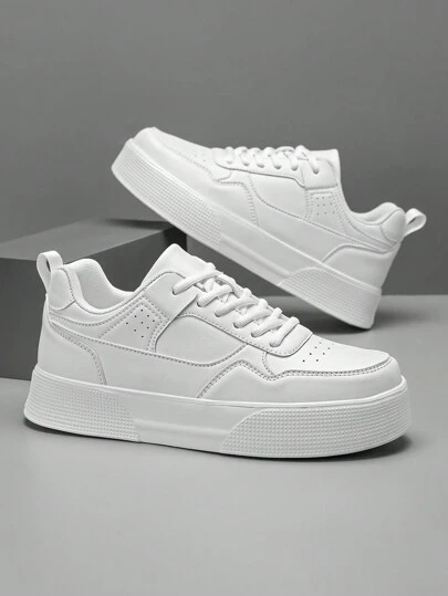 Men's Minimalist Solid Color Platform Lace-Up Casual Sneakers, Fashion Versatile For College Student, Commuting, Outdoor Sports, Unisex, For Active Jeans Outfit