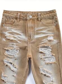 Teen Boy Button Waistband Zipper Distressed Design Fashion Ripped Denim Jeans - Khaki - View 3