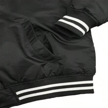 Men Solid Varsity Bomber Jacket Waterproof Fall Winter Summer Lightweight All Season Striped Trim Slant Pockets Baseball Jacket Snap Button - Black - View 5