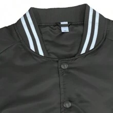Men Solid Varsity Bomber Jacket Waterproof Fall Winter Summer Lightweight All Season Striped Trim Slant Pockets Baseball Jacket Snap Button - Black - View 3