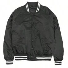 Men Solid Varsity Bomber Jacket Waterproof Fall Winter Summer Lightweight All Season Striped Trim Slant Pockets Baseball Jacket Snap Button - Black - View 2