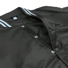 Men Solid Varsity Bomber Jacket Waterproof Fall Winter Summer Lightweight All Season Striped Trim Slant Pockets Baseball Jacket Snap Button - Black - View 4