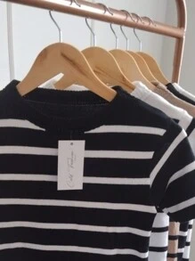Luxury Modal High Elasticity Short Sleeve Striped Blouse - màu đen - Xem 2