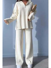 Solid Color Casual Long Sleeve Top And Wide Leg Pants Set - Beige - View 2