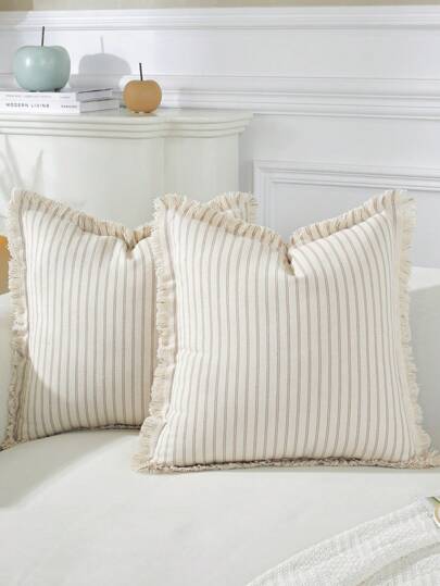 1pc Farmhouse Style Tasseled Decorative Throw Pillow Cover, Home Decor