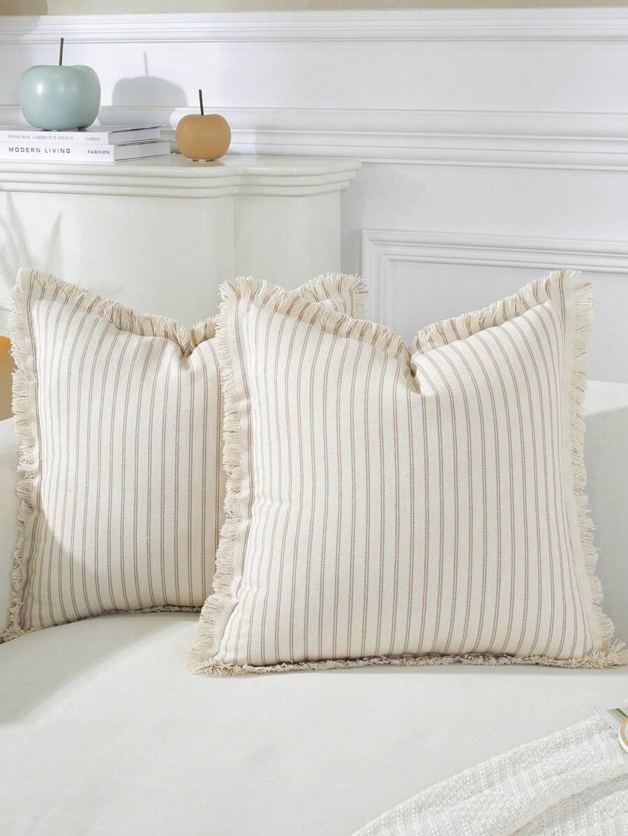 1pc Farmhouse Style Tasseled Decorative Throw Pillow Cover, Home Decor - Apricot - View 1