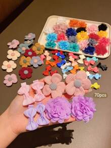 70pcs Random Color Fabric Bow Hair Clips, Cute Bow Hair Accessories, Sweet Style Hair Clips Suitable For Daily Use - Multicolor - View 4