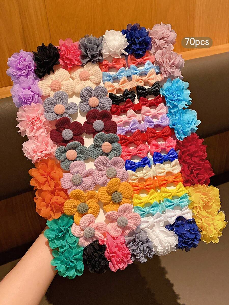 70pcs Random Color Fabric Bow Hair Clips, Cute Bow Hair Accessories, Sweet Style Hair Clips Suitable For Daily Use - Multicolor - View 1