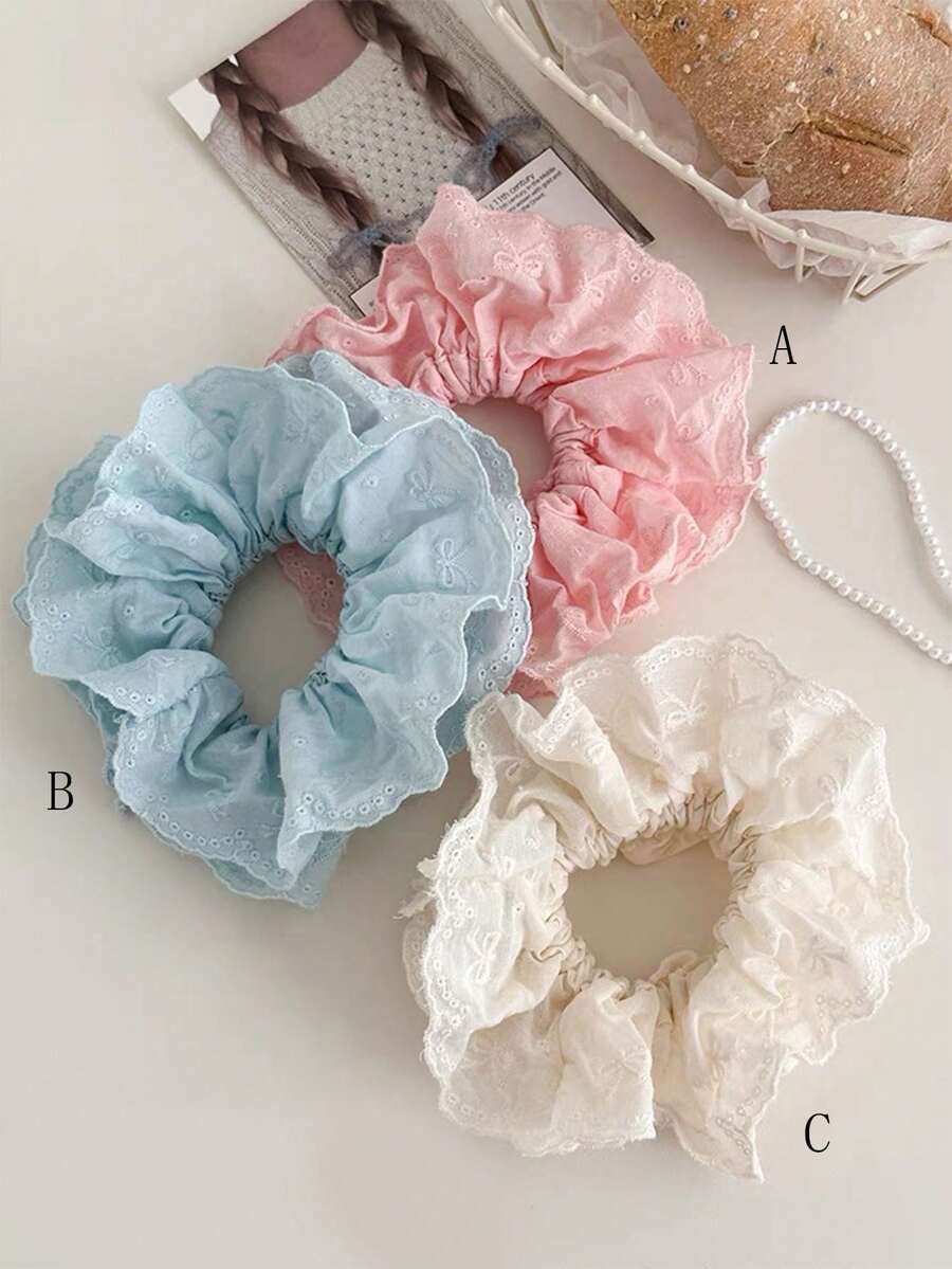 1个女士时尚简约甜美蕾丝边双蝴蝶结发圈，适合日常佩戴，发绳，发圈 - 彩色 - 查看 1