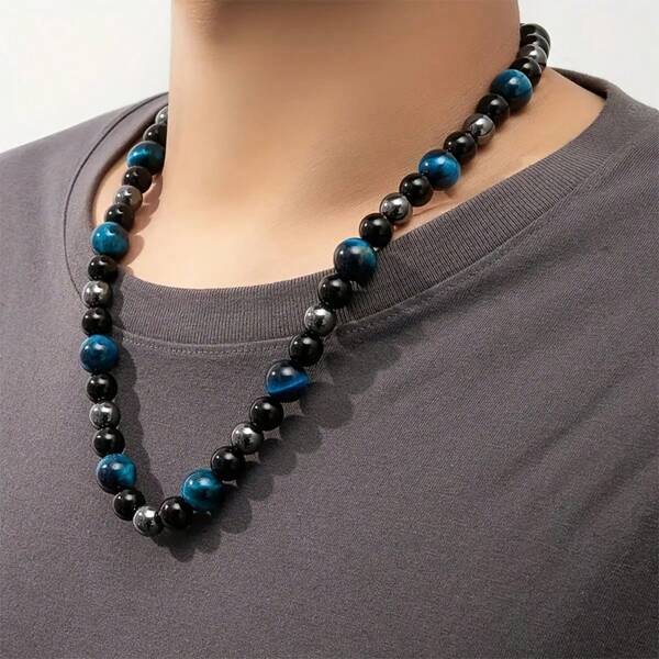 Collana vintage realizzata a mano con perline, in occhio di tigre, ematite e ossidiana, per una protezione tripla, di e imponente, adatta come regalo per il fidanzato per fiere commerciali, anniversari, cerimonie di apertura e stagione di laurea, anche come regalo di Ognissanti