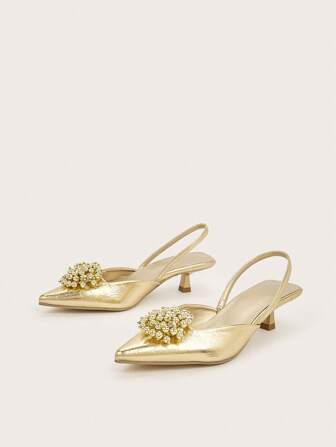 女士高跟鞋，新款春夏尖头凉鞋，优雅仿珍珠装饰女士小猫跟，细带穆勒鞋一脚蹬平底鞋，通勤休闲舒适低跟