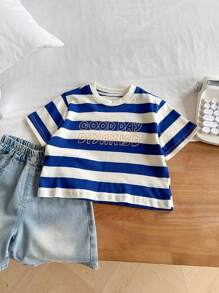 Soft & Cozy  Young Boys Wide Striped Short Sleeve T-Shirt - Blue and White - View 4