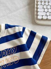 Soft & Cozy  Young Boys Wide Striped Short Sleeve T-Shirt - Blue and White - View 7