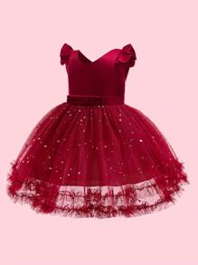 Vestido de fiesta de manga corta con malla y estrellas para niña, color vino tinto. Vestido de Navidad para niños con malla y lentejuelas, estilo princesa - Burdeos - Ver 4