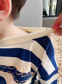 Soft & Cozy  Young Boys Wide Striped Short Sleeve T-Shirt - Blue and White - View 3