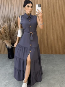 Women's Long Tank Top Dress With Belt - Xám - Xem 2