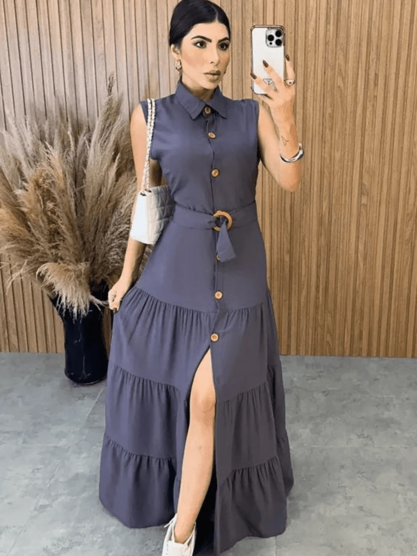 Women's Long Tank Top Dress With Belt - Xám - Xem 1