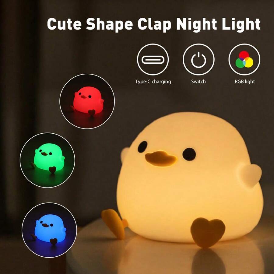 1 pieza Luz nocturna de pato frijol recargable con LED, lámpara de mesita de noche con sensor táctil para dormitorios y salas de estar, lámpara de noche de silicona de pato Dodo para la guardería - Blanco - Ver 1