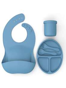 Silicone Baby Feeding Kit With 4 Pieces - Plate, Bib, Fork And Spoon - 彩色 - 查看 1