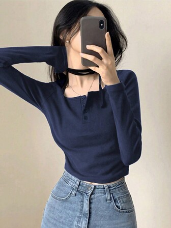 女士纯色简约休闲日常长袖 T 恤