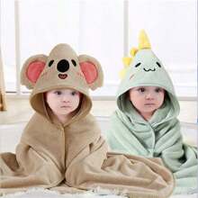 2pcs Baby Bath Towel Set, Unisex Animal Face Hooded Baby Cape, Soft Coral Fleece Cartoon Bathing Accessory For Infants, All Seasons Usage