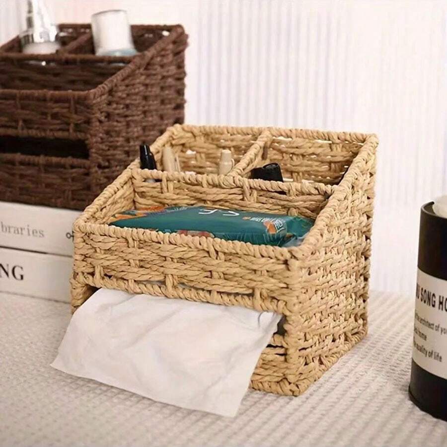 1pc Woven Rectangular Tissue Box, Decorative Natural Rope Facial Tissue Holder, Vintage Tissue Paper Dispenser, For Bathroom, Vanity, Bedside Table, Home Office, Desktop Storage - Multicolor - View 1