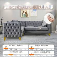 Modern L Shaped Sofa Couch Set, Upholstered Sectional Couch With Tufted Back And Rivet Decoration, 5 Seater Corner Sofa With Golden Tapered Legs And 2 Pillows - Grey - View 3