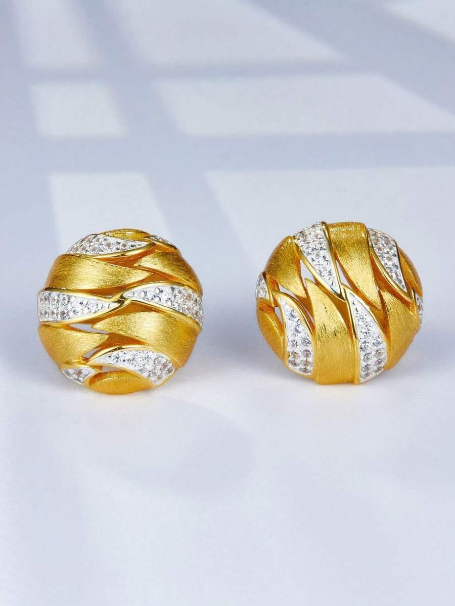 1 对奢华优雅 925 纯银 18K 镀金方晶锆石耳钉，精心打造，条纹纹理，空心几何网格设计，5 倍镜面抛光，高端女士珠宝，特殊场合的绝佳礼物