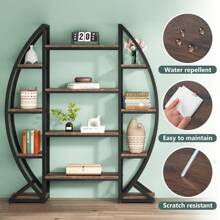 LITTLE TREE Oval Bookshelf, Triple Wide 5 Tier Etagere Bookcase, Industrial Display Shelves For Living Room (Brown, 55") - 鏽棕色 - 查看 5
