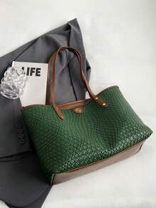 Bolso tote casual de gran capacidad y versátil, de estilo minimalista y de moda en PU, bolso de hombro para mujer, bolso tejido de estilo coreano 2025 para llevar debajo del brazo, informal y para ir al trabajo, bolsos llamativos para mujeres - Verde - Ver 5