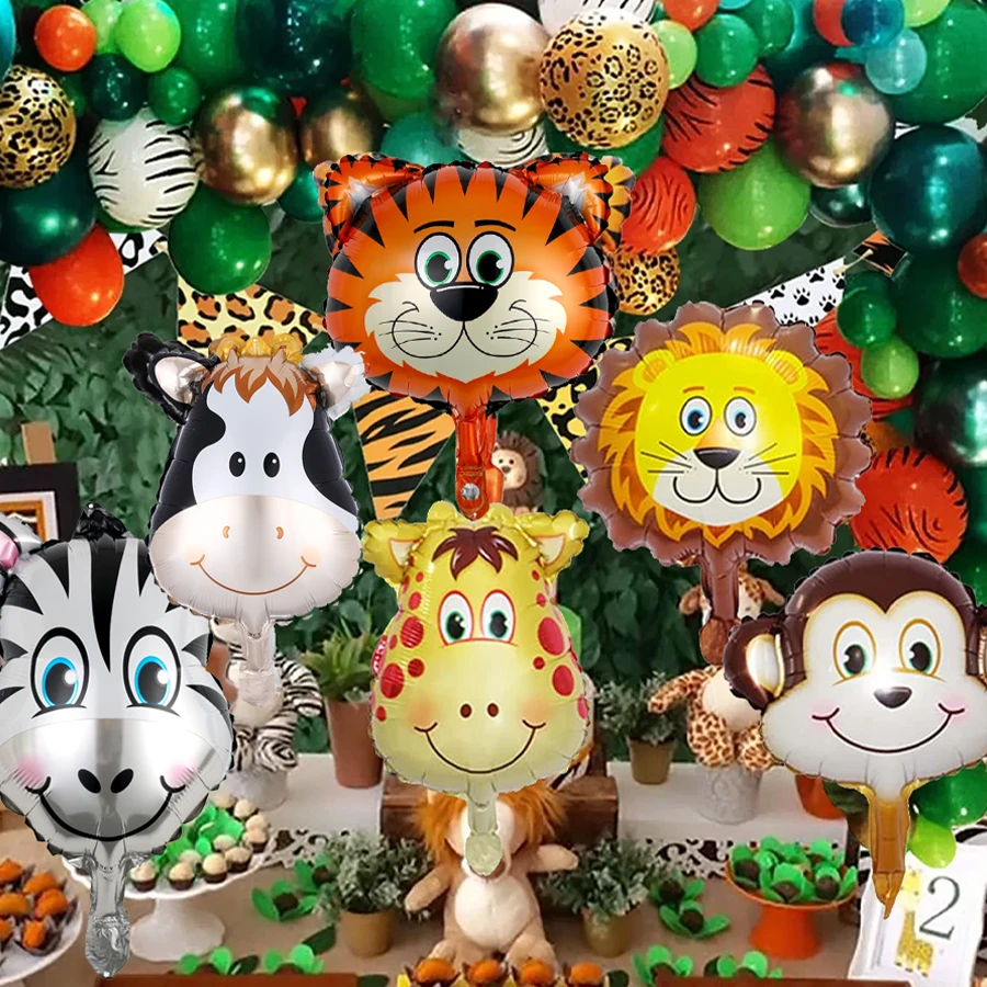 12 个迷你动物头形气球 - 老虎、斑马、猴子、长颈鹿、狮子、奶牛、丛林主题派对装饰 - 彩色 - 查看 1