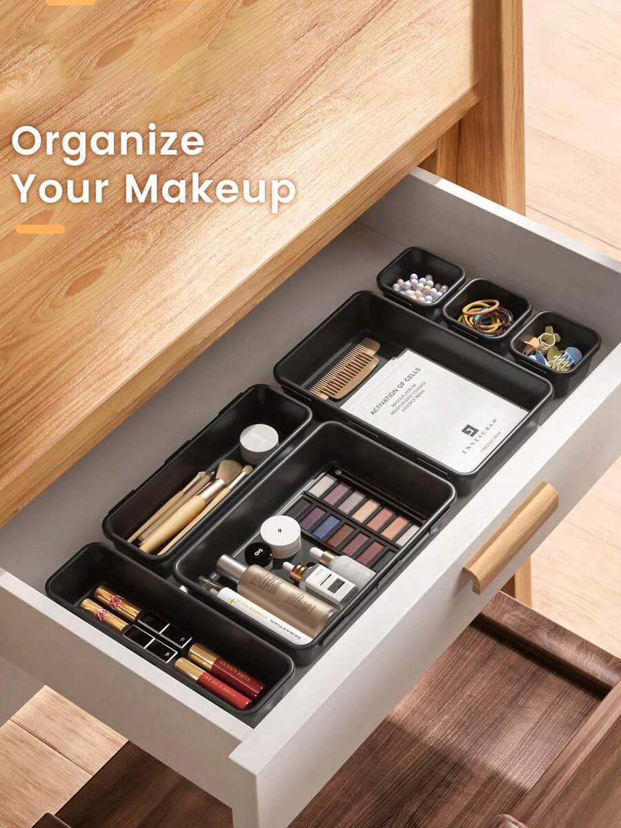 Makeup Drawer Organizer Tray, Assorted Size Bathroom Drawer Organizer Rack, Plastic Vanity Organizer Boxes For Home, Kitchen And Office - Black - View 1