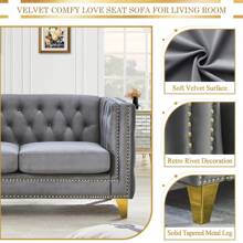 Velvet Living Room Sofa Set Of 2, Comfy Loveseat And 3 Seater Couch, Modern Sofa With Tufted Back And Rivet Decoration, Upholstered Long Couch With Solid Golden Metal Tapered Legs For Apartment, Office - 灰色 - 查看 4