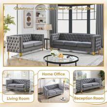 Velvet Living Room Sofa Set Of 2, Comfy Loveseat And 3 Seater Couch, Modern Sofa With Tufted Back And Rivet Decoration, Upholstered Long Couch With Solid Golden Metal Tapered Legs For Apartment, Office - 灰色 - 查看 3