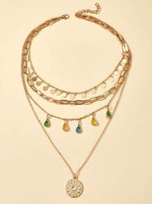 1 件波西米亚风格几何圆形亮片流苏多层水晶链项链女款 - 金色 - 查看 4