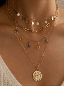 1 件波西米亚风格几何圆形亮片流苏多层水晶链项链女款 - 金色 - 查看 1